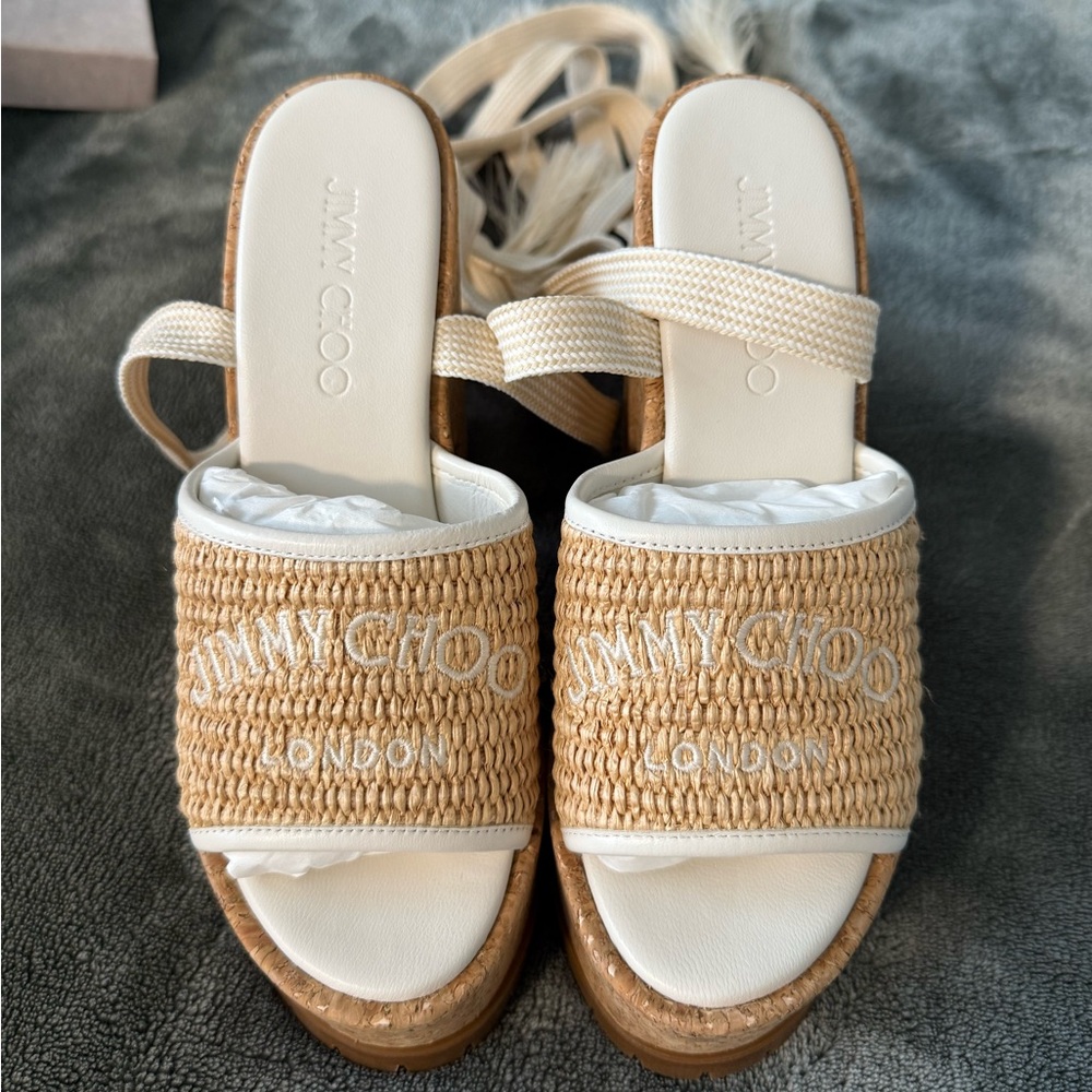 Jimmy Choo Tan and Cream Woven Sandals